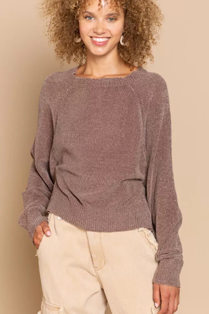 POL Round Neck Backless Sweater with Ribbed Edge - Blu Lotus Boutique