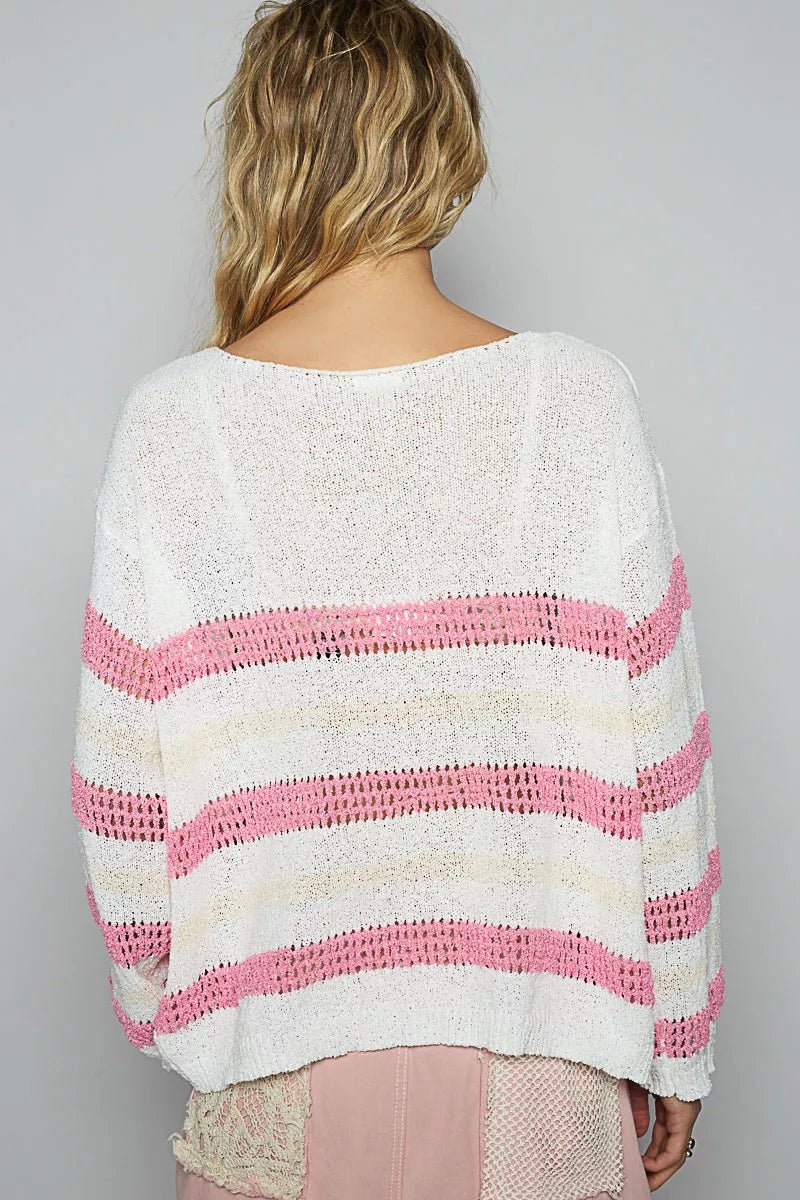 POL Striped Openwork Round Neck Knit Top - Blu Lotus Boutique