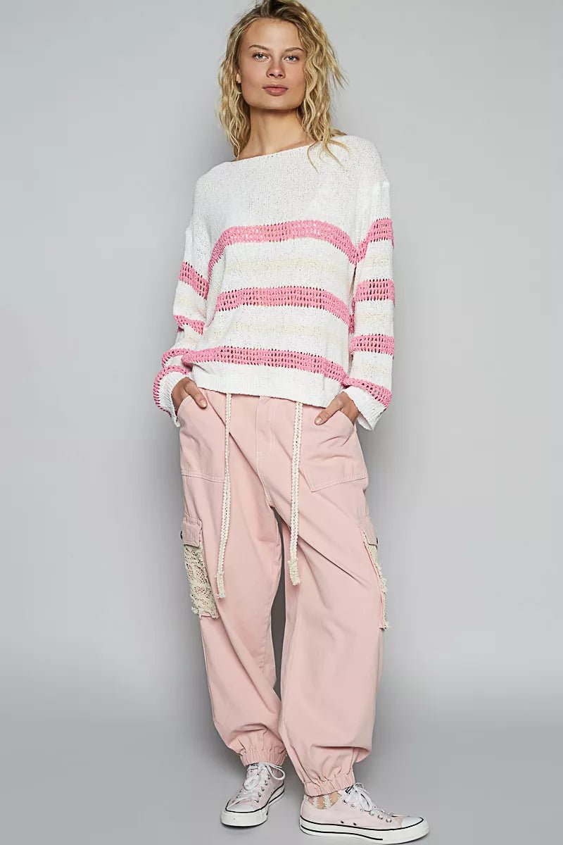 POL Striped Openwork Round Neck Knit Top - Blu Lotus Boutique