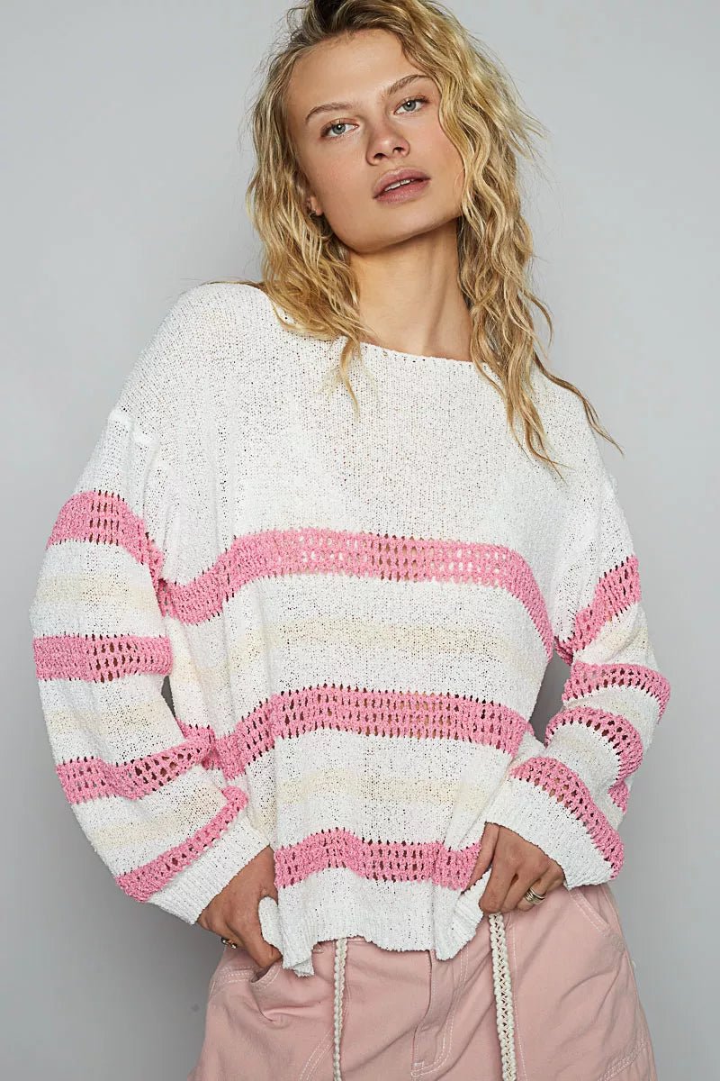 POL Striped Openwork Round Neck Knit Top - Blu Lotus Boutique