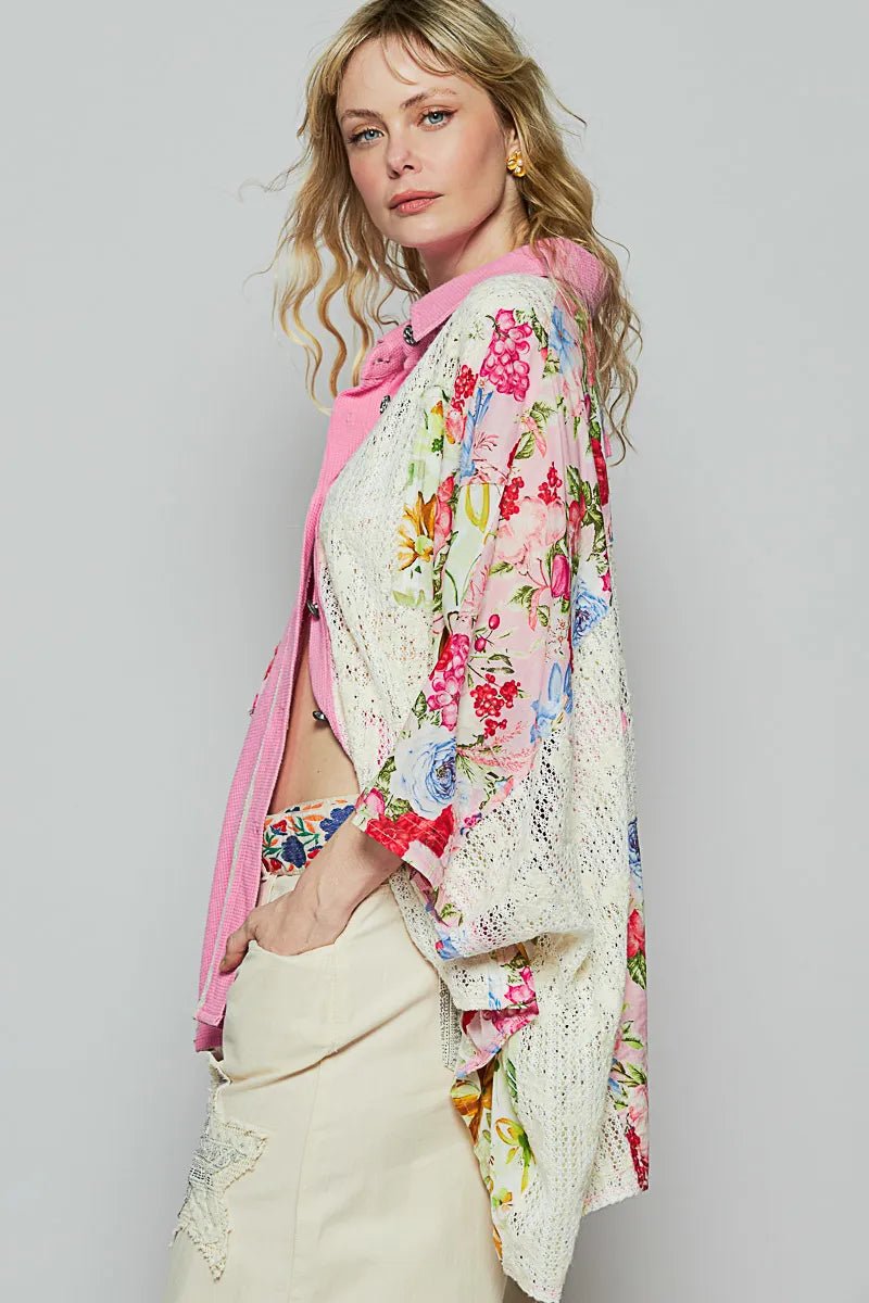 POL Thermal and Crochet Lace Mix Shirt with Floral Pattern - Blu Lotus Boutique