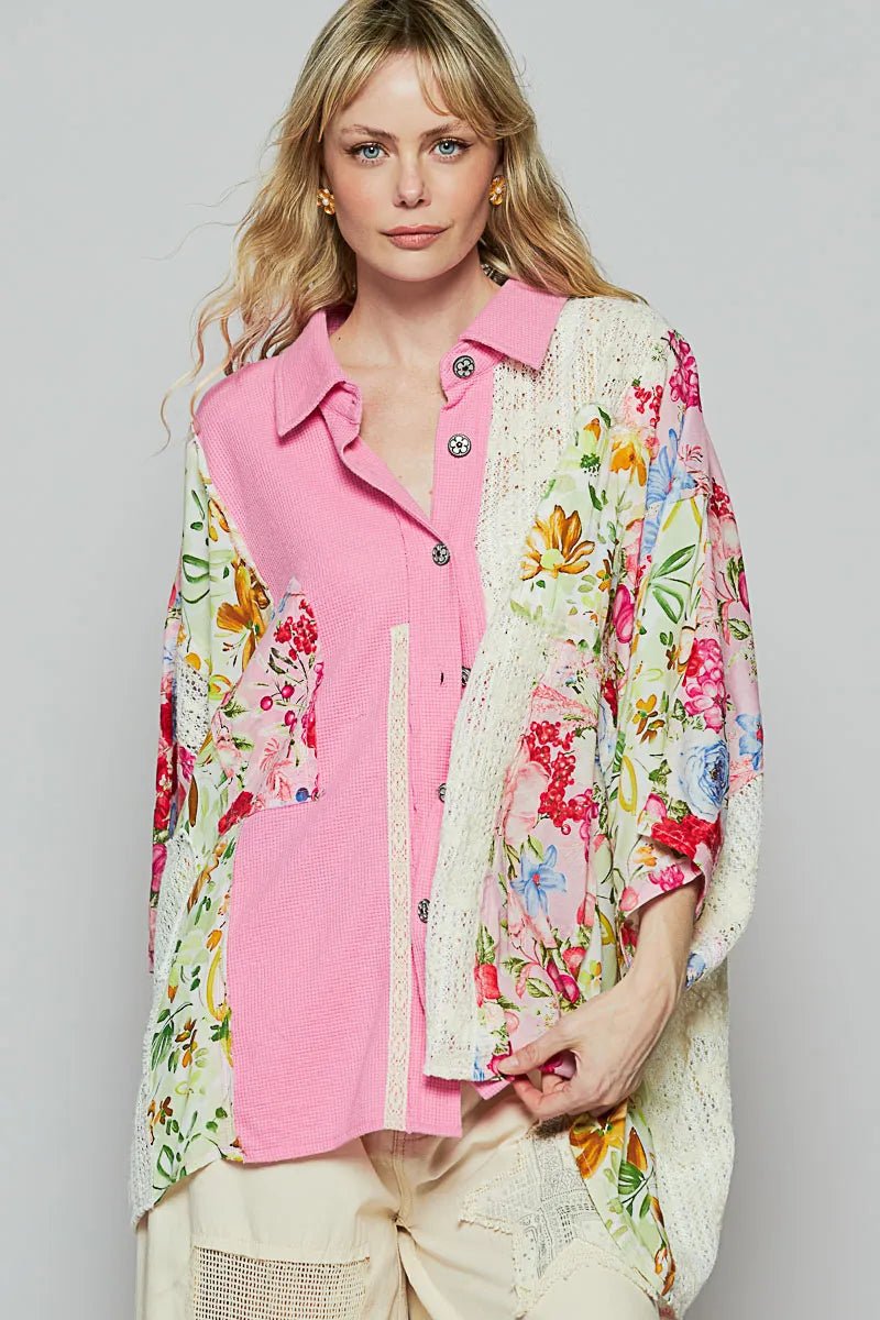POL Thermal and Crochet Lace Mix Shirt with Floral Pattern - Blu Lotus Boutique