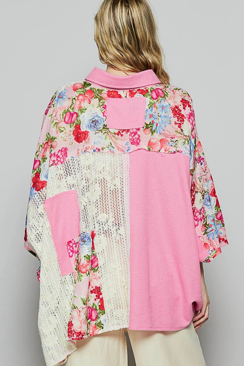 POL Thermal and Crochet Lace Mix Shirt with Floral Pattern - Blu Lotus Boutique