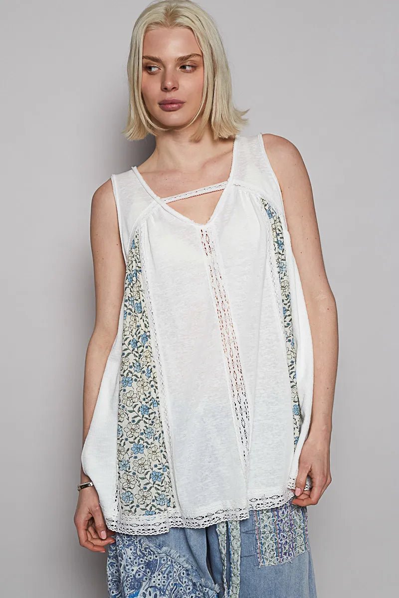 POL V Neck Sleeveless Tank Top with Lace Detail - Blu Lotus Boutique