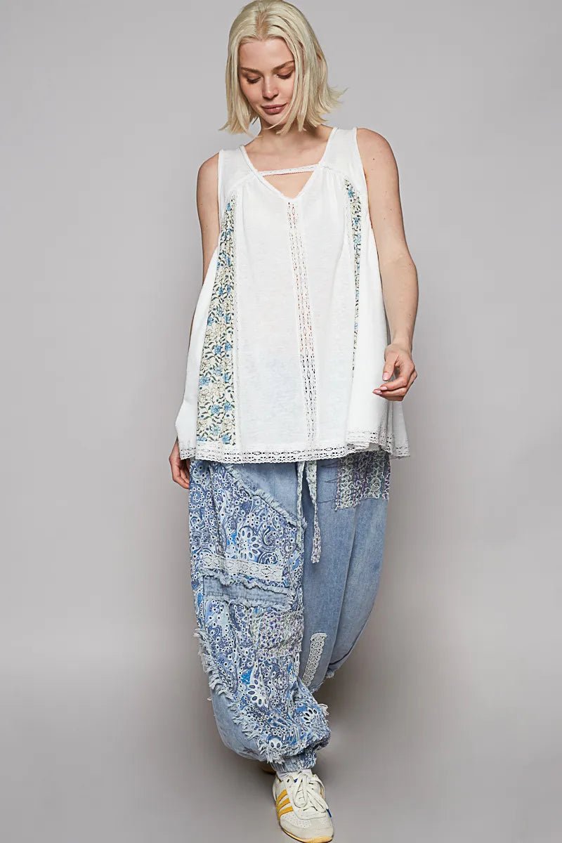POL V Neck Sleeveless Tank Top with Lace Detail - Blu Lotus Boutique