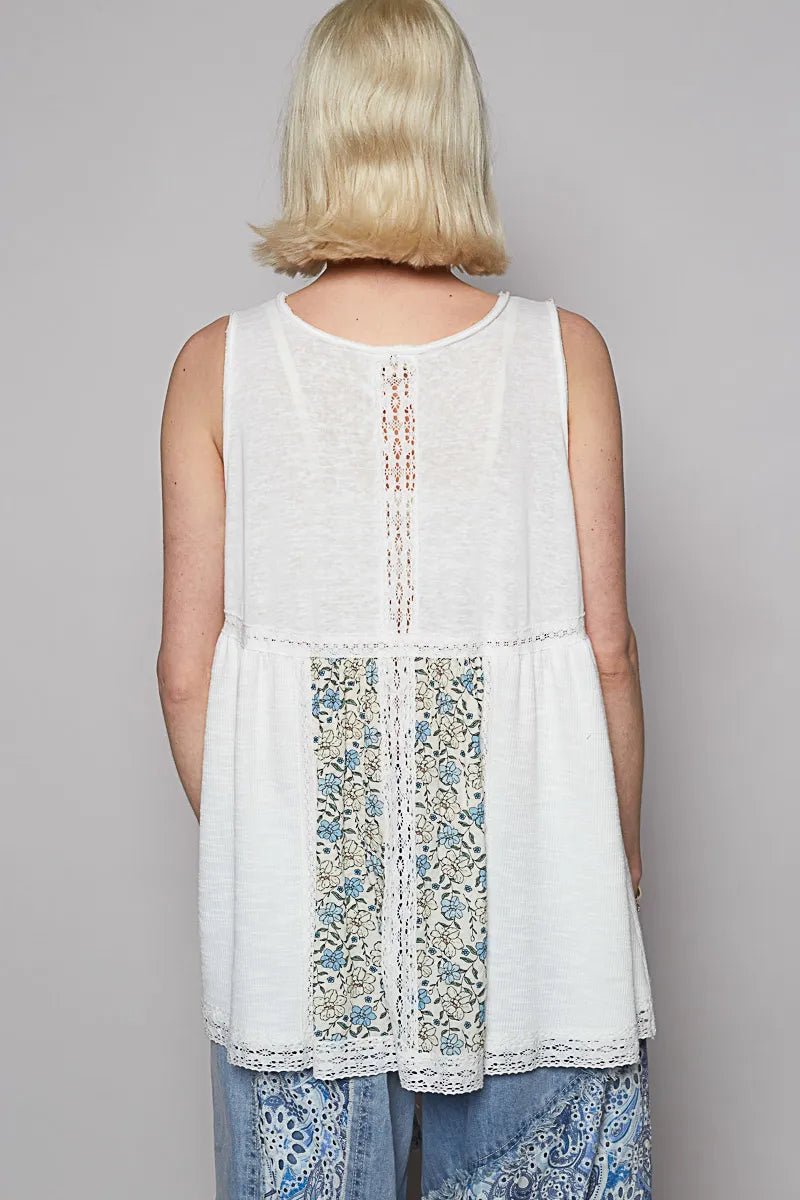 POL V Neck Sleeveless Tank Top with Lace Detail - Blu Lotus Boutique