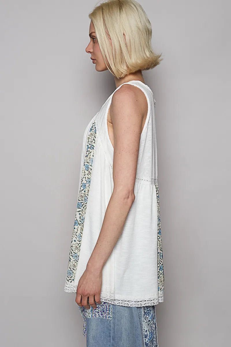 POL V Neck Sleeveless Tank Top with Lace Detail - Blu Lotus Boutique