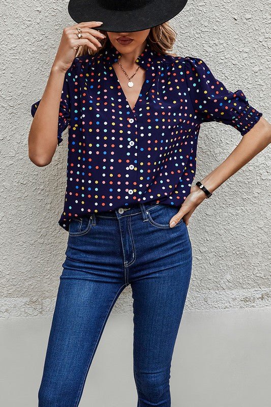 Polka Dot Print Puff Sleeve Loose Shirt - Blu Lotus Boutique