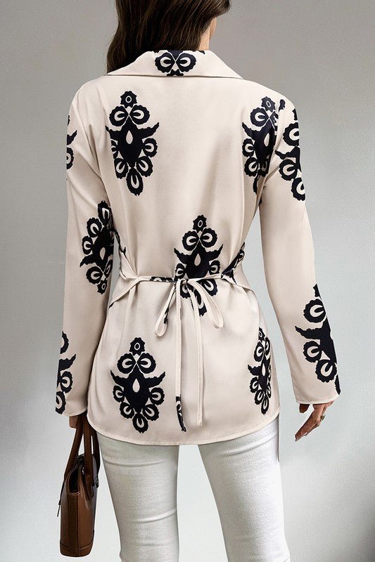 Print Button Cross Asymmetrical Hem Fit Blouse - Blu Lotus Boutique