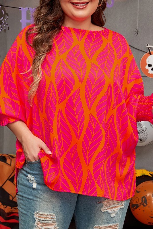 Printed Smocked Lantern Sleeve Plus Size Blouse - Blu Lotus Boutique