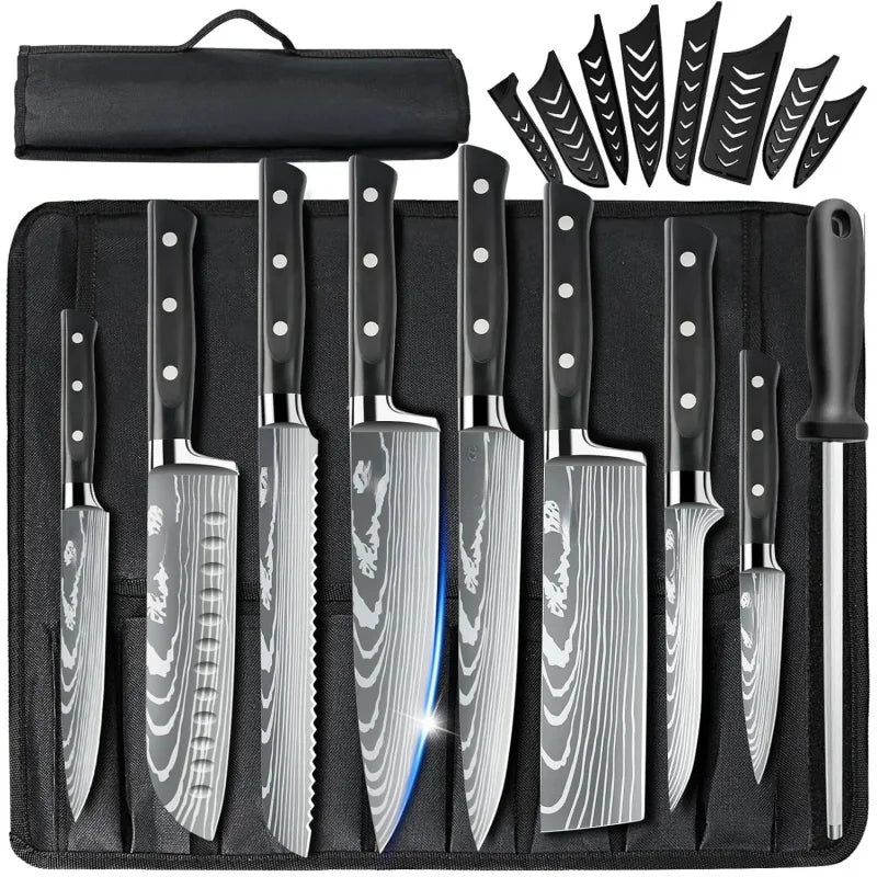 Professional Chef Knife Set with Roll Bag, 9PCS Japanese Kitchen Sharpener, High Carbon Stainless Steel K - Blu Lotus Boutique