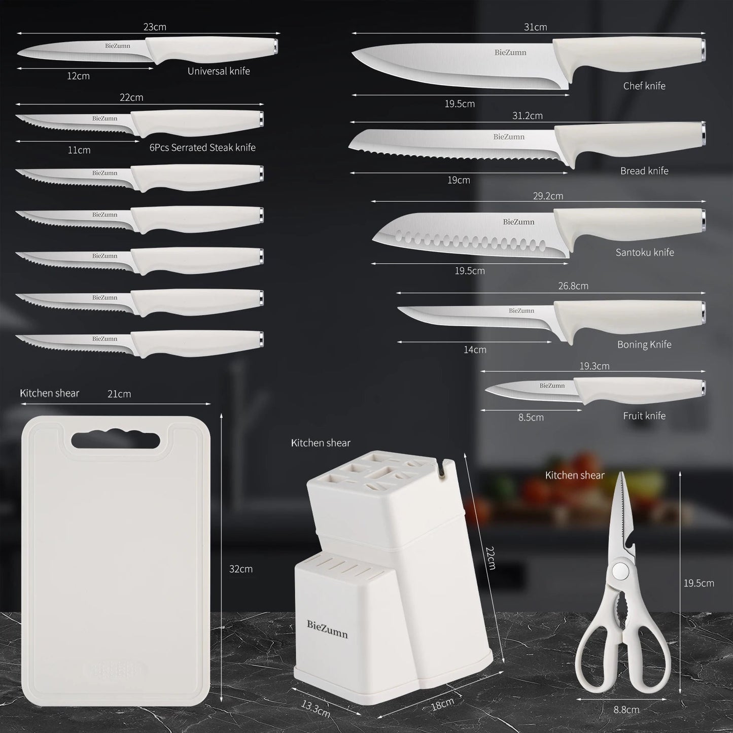 Professional Kitchen Knife Set Japanese - Style Knife Set Stainless Steel Knife Set with Knife Holder Sashimi Knife Suitable for Slicing Fish and Meat Kitchen Essentials White Non - Slip Handle Can Be Washed in a Washing Machine - Blu Lotus Boutique