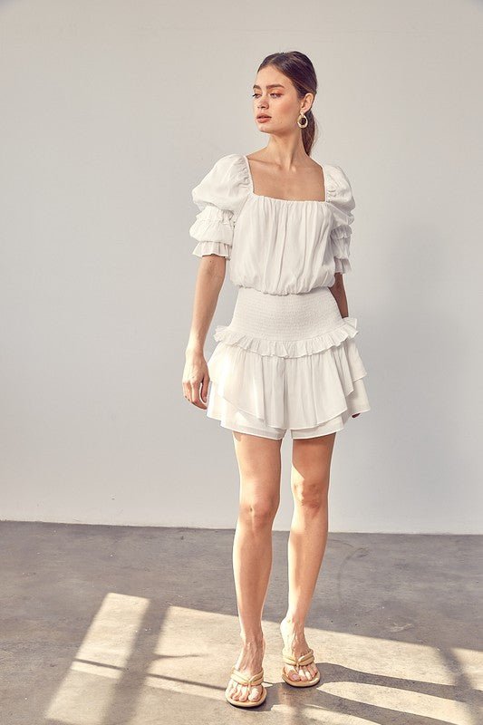 Puff Sleeve Smocked Waist Romper - Blu Lotus Boutique