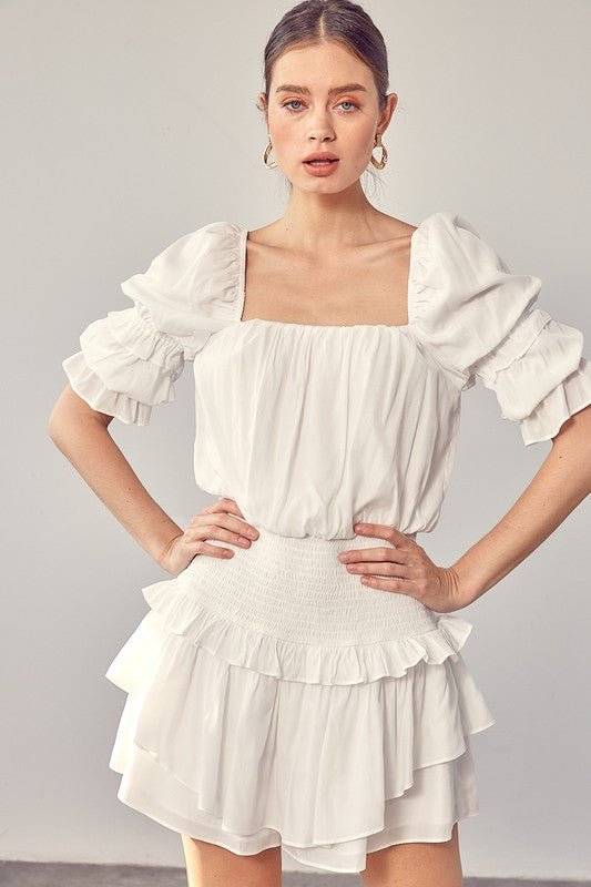 Puff Sleeve Smocked Waist Romper - Blu Lotus Boutique