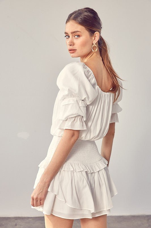 Puff Sleeve Smocked Waist Romper - Blu Lotus Boutique