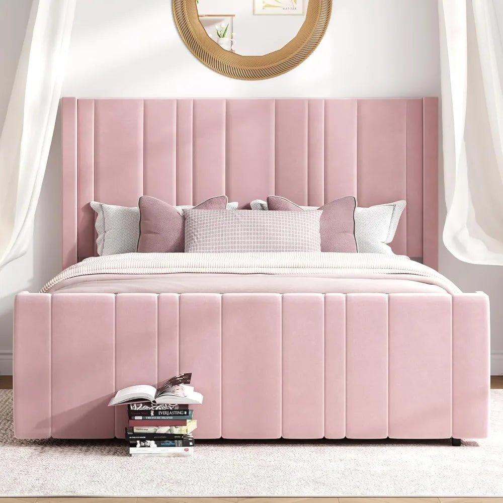 Queen Bed Frame Pink Upholstered Bed with Vertical Channel Tufted Headboard & 22" Footboard, Noise Free/Wooden Slats/Nois - Blu Lotus Boutique