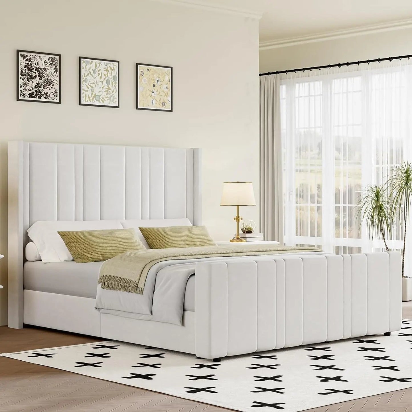 Queen Bed Frame Pink Upholstered Bed with Vertical Channel Tufted Headboard & 22" Footboard, Noise Free/Wooden Slats/Nois - Blu Lotus Boutique