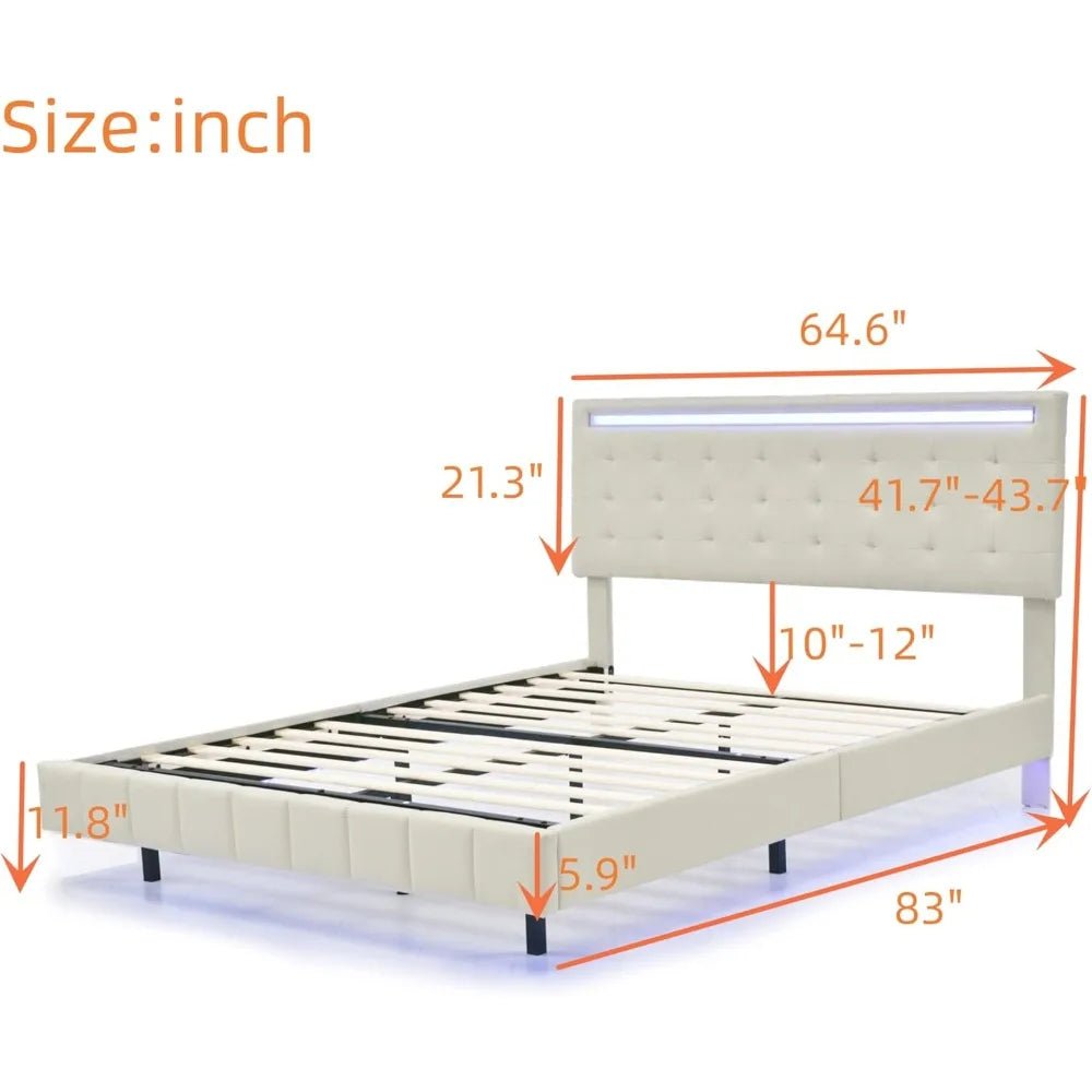 Queen Size Floating Bed Frame with LED Lights and USB Charging,Modern Upholstered Platform LED Bed Frame (Beige+Linen, Queen) - Blu Lotus Boutique