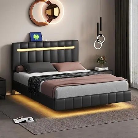 Queen Size Floating Bed Frame with LED Lights and USB Charging,Modern Upholstered Platform LED Bed Frame (Beige+Linen, Queen) - Blu Lotus Boutique