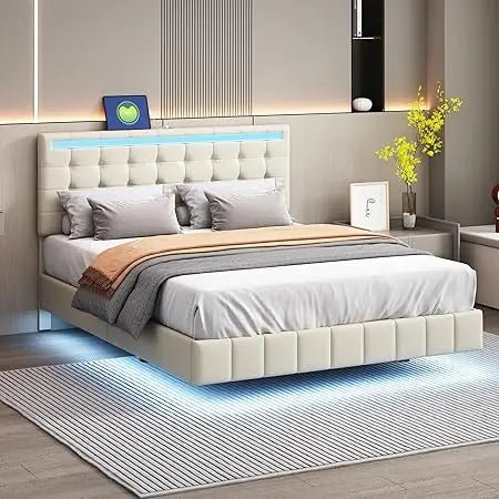 Queen Size Floating Bed Frame with LED Lights and USB Charging,Modern Upholstered Platform LED Bed Frame (Beige+Linen, Queen) - Blu Lotus Boutique