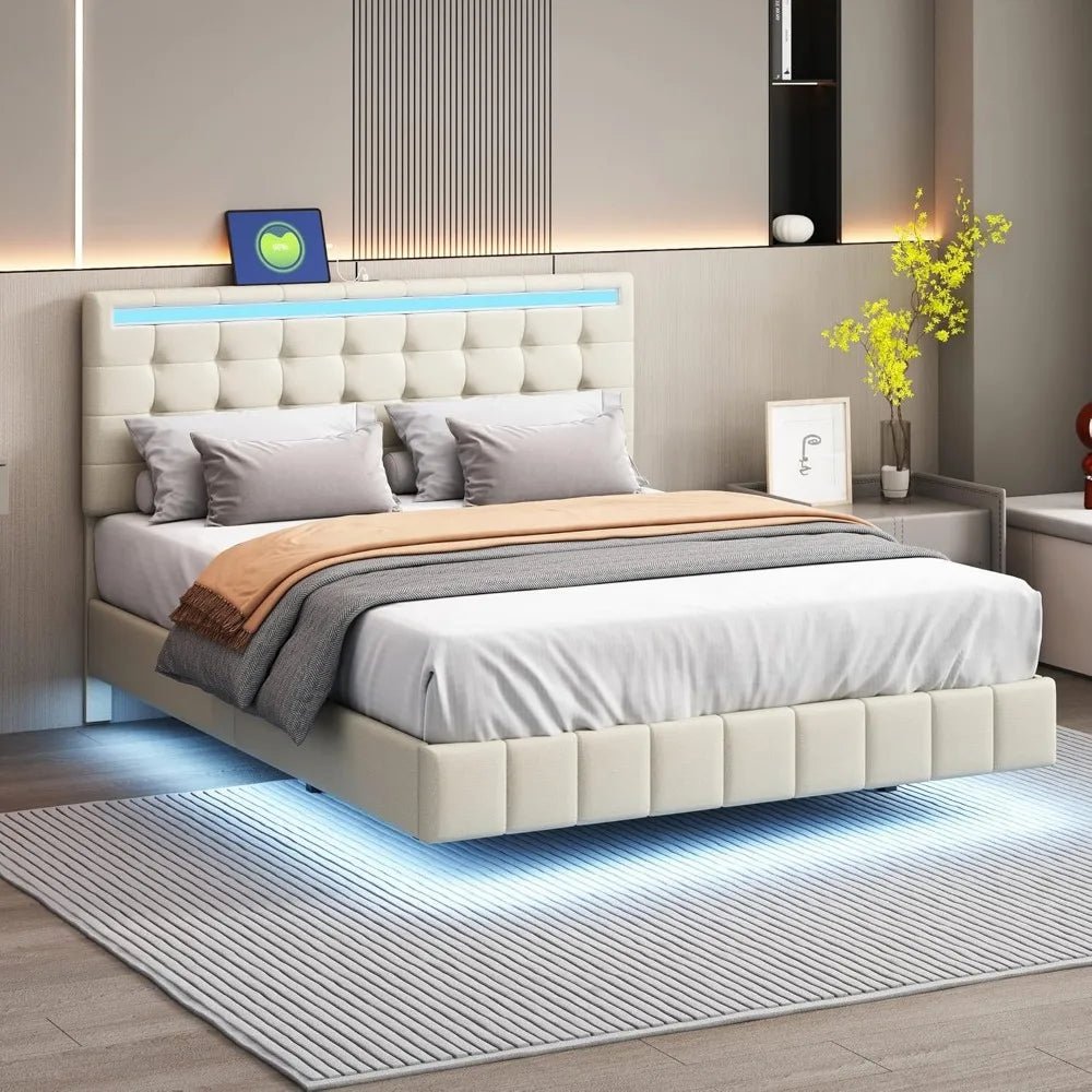 Queen Size Floating Bed Frame with LED Lights and USB Charging,Modern Upholstered Platform LED Bed Frame (Beige+Linen, Queen) - Blu Lotus Boutique