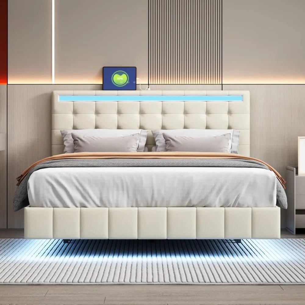 Queen Size Floating Bed Frame with LED Lights and USB Charging,Modern Upholstered Platform LED Bed Frame (Beige+Linen, Queen) - Blu Lotus Boutique