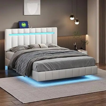 Queen Size Floating Bed Frame with LED Lights and USB Charging,Modern Upholstered Platform LED Bed Frame (Beige+Linen, Queen) - Blu Lotus Boutique