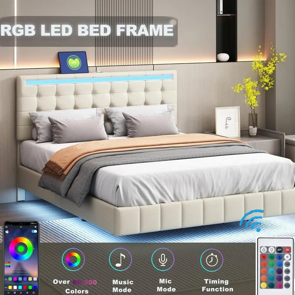 Queen Size Floating Bed Frame with LED Lights and USB Charging,Modern Upholstered Platform LED Bed Frame (Beige+Linen, Queen) - Blu Lotus Boutique