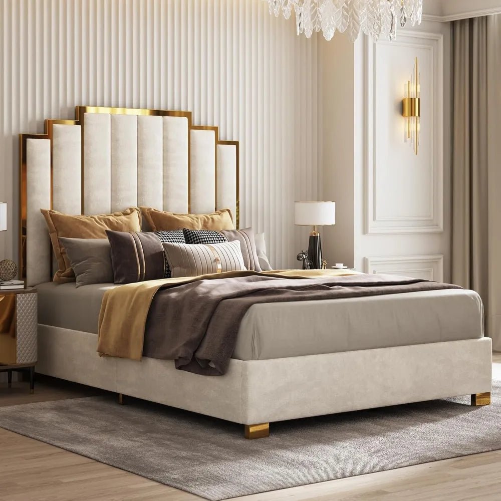 Queen Size Upholstered Bed, Modern Velvet Bed Frame with 61.4” Tall Gold Trim Headboard, No Box Spring Needed, Cream - Blu Lotus Boutique