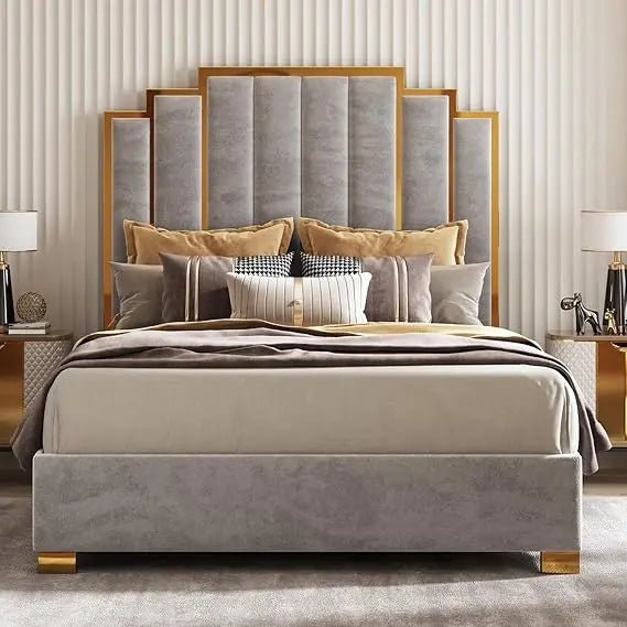 Queen Size Upholstered Bed, Modern Velvet Bed Frame with 61.4” Tall Gold Trim Headboard, No Box Spring Needed, Cream - Blu Lotus Boutique