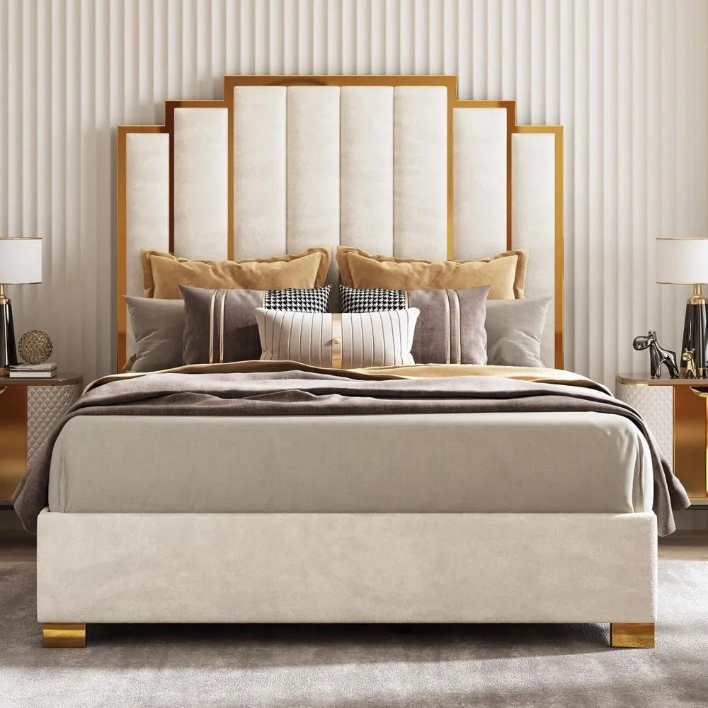 Queen Size Upholstered Bed, Modern Velvet Bed Frame with 61.4” Tall Gold Trim Headboard, No Box Spring Needed, Cream - Blu Lotus Boutique