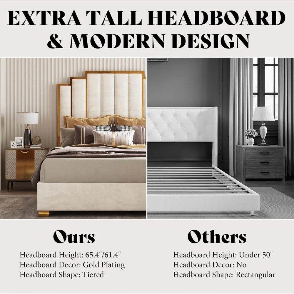Queen Size Upholstered Bed, Modern Velvet Bed Frame with 61.4” Tall Gold Trim Headboard, No Box Spring Needed, Cream - Blu Lotus Boutique