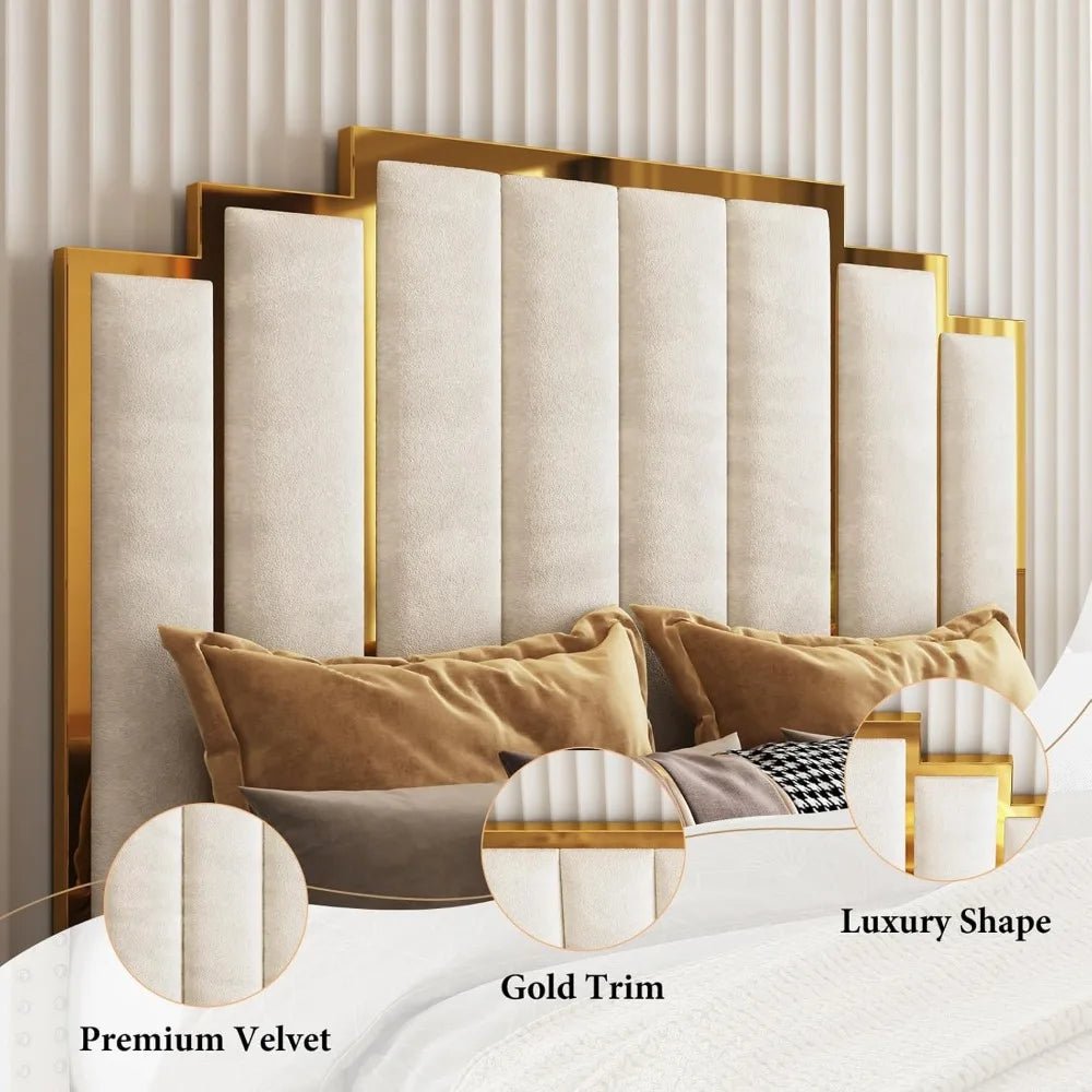 Queen Size Upholstered Bed, Modern Velvet Bed Frame with 61.4” Tall Gold Trim Headboard, No Box Spring Needed, Cream - Blu Lotus Boutique