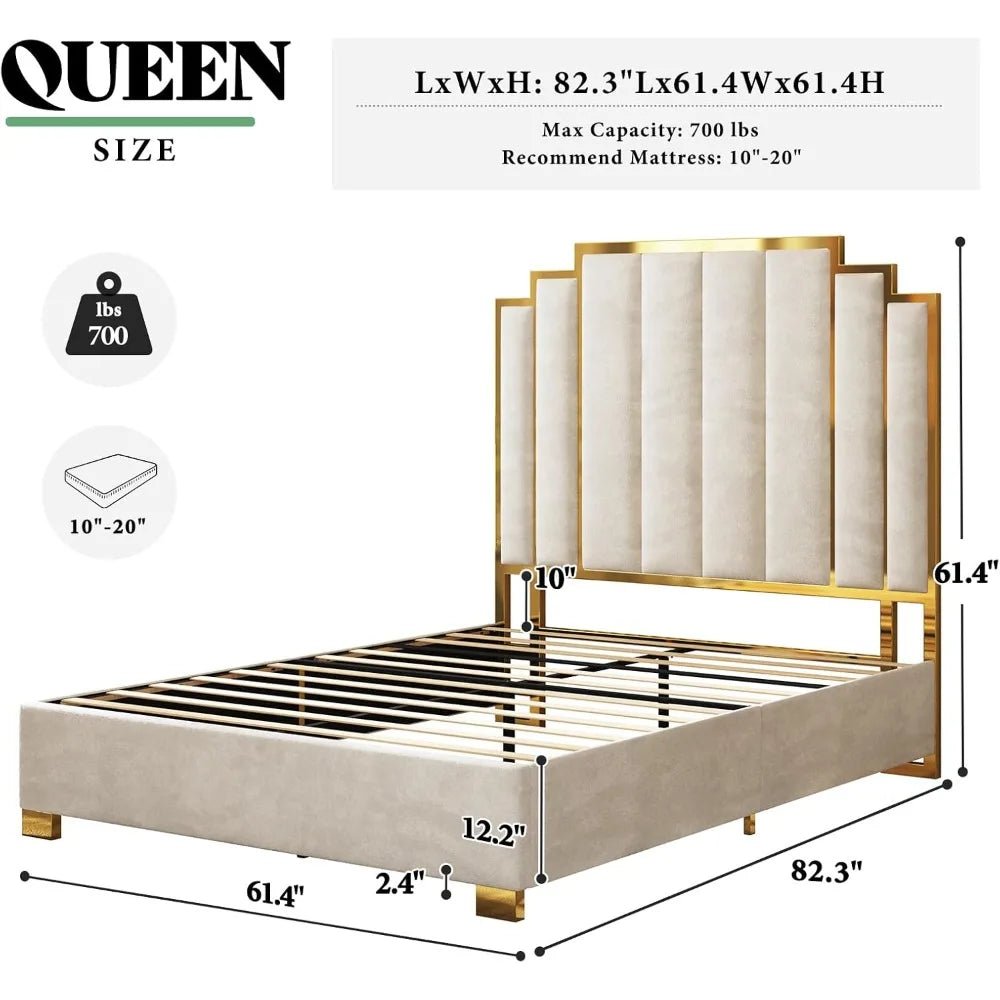 Queen Size Upholstered Bed, Modern Velvet Bed Frame with 61.4” Tall Gold Trim Headboard, No Box Spring Needed, Cream - Blu Lotus Boutique
