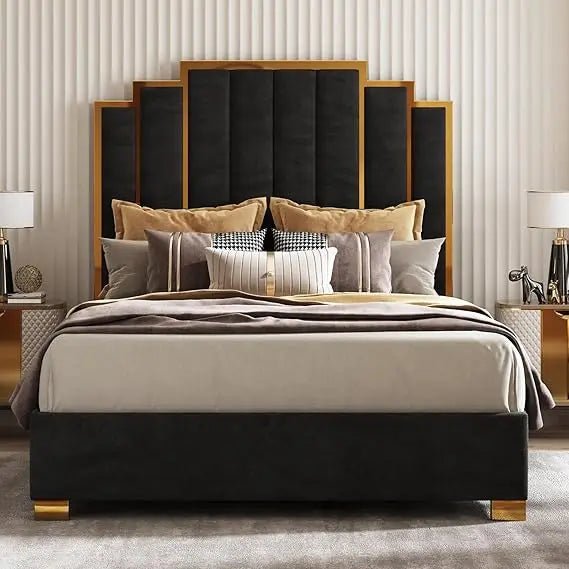 Queen Size Upholstered Bed, Modern Velvet Bed Frame with 61.4” Tall Gold Trim Headboard, No Box Spring Needed, Cream - Blu Lotus Boutique
