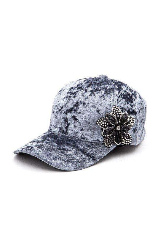 Rhinestone Flower Velour Cap - Blu Lotus Boutique
