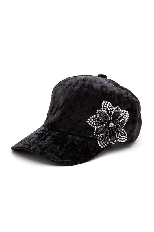 Rhinestone Flower Velour Cap - Blu Lotus Boutique