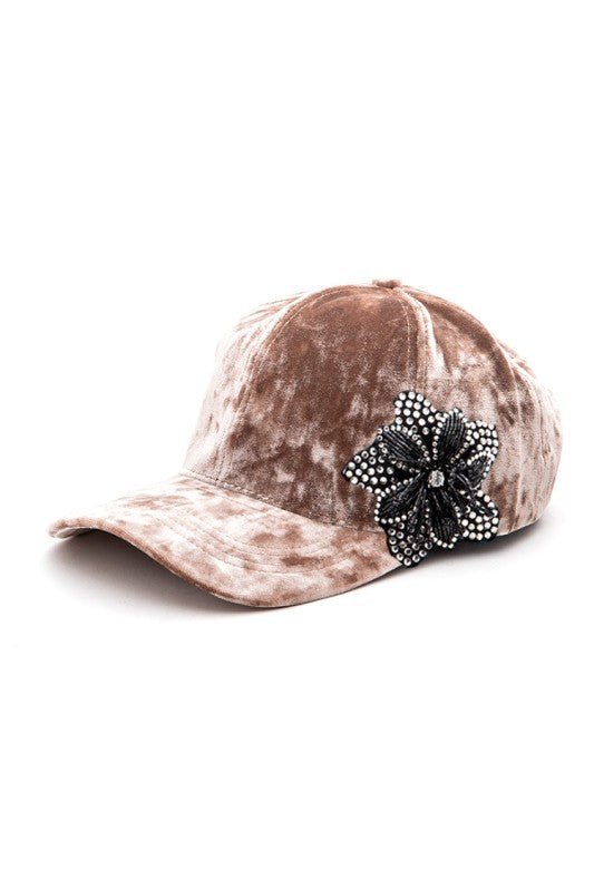 Rhinestone Flower Velour Cap - Blu Lotus Boutique