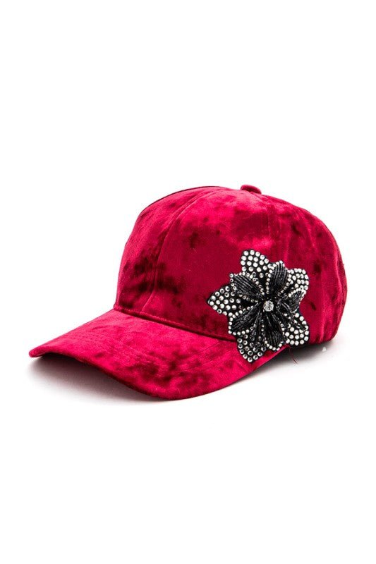 Rhinestone Flower Velour Cap - Blu Lotus Boutique