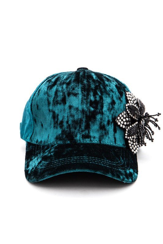 Rhinestone Flower Velour Cap - Blu Lotus Boutique