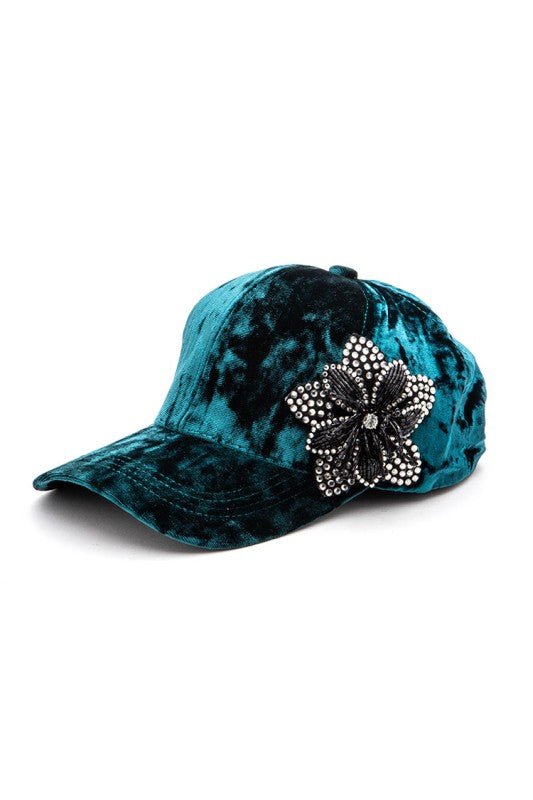 Rhinestone Flower Velour Cap - Blu Lotus Boutique