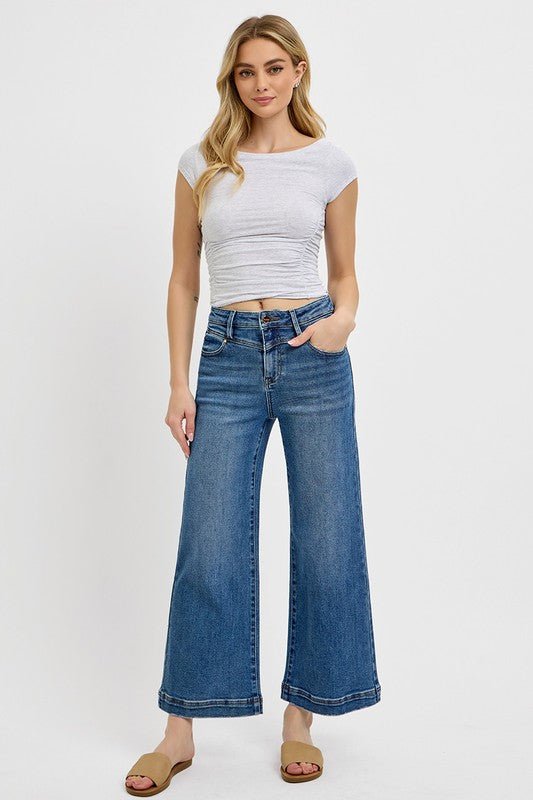 RISEN Full Size High Rise Crop Wide Leg Front Yoke Detail Jeans Plus Size - Blu Lotus Boutique