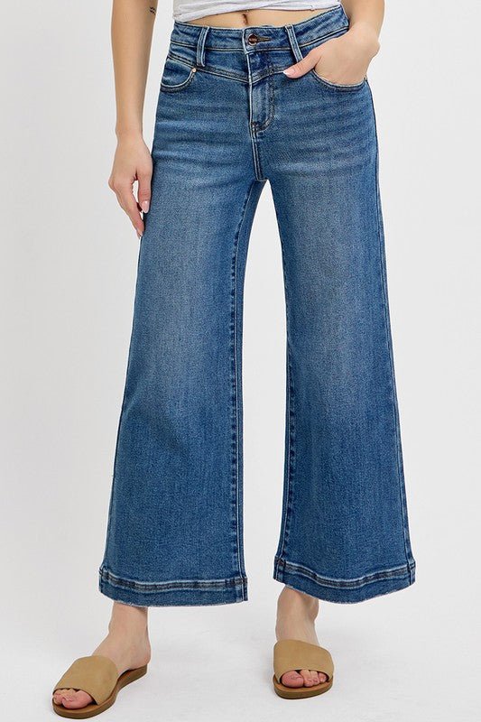 RISEN Full Size High Rise Crop Wide Leg Front Yoke Detail Jeans Plus Size - Blu Lotus Boutique
