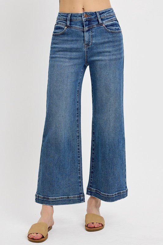RISEN Full Size High Rise Crop Wide Leg Front Yoke Detail Jeans Plus Size - Blu Lotus Boutique