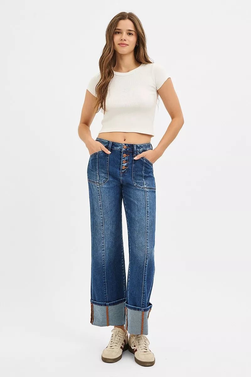 RISEN Full Size High Rise Crop Wide Straight Cuffed Jeans Plus Size - Blu Lotus Boutique