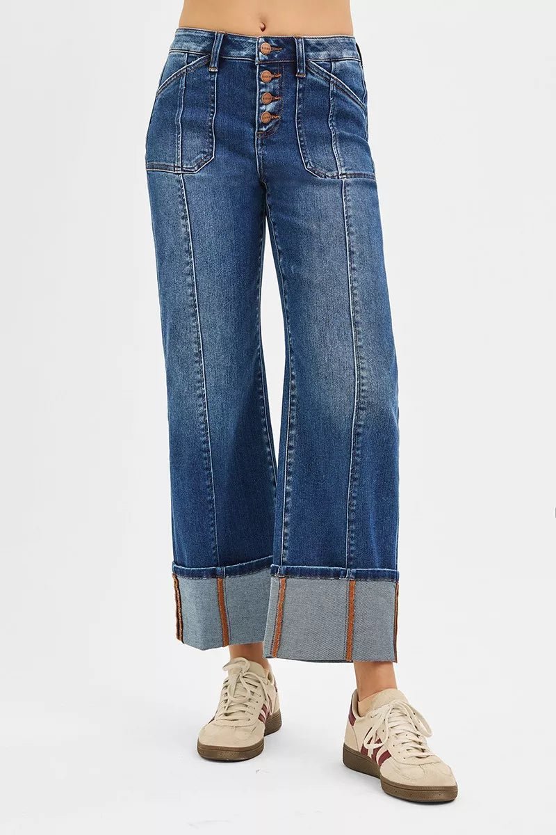 RISEN Full Size High Rise Crop Wide Straight Cuffed Jeans Plus Size - Blu Lotus Boutique