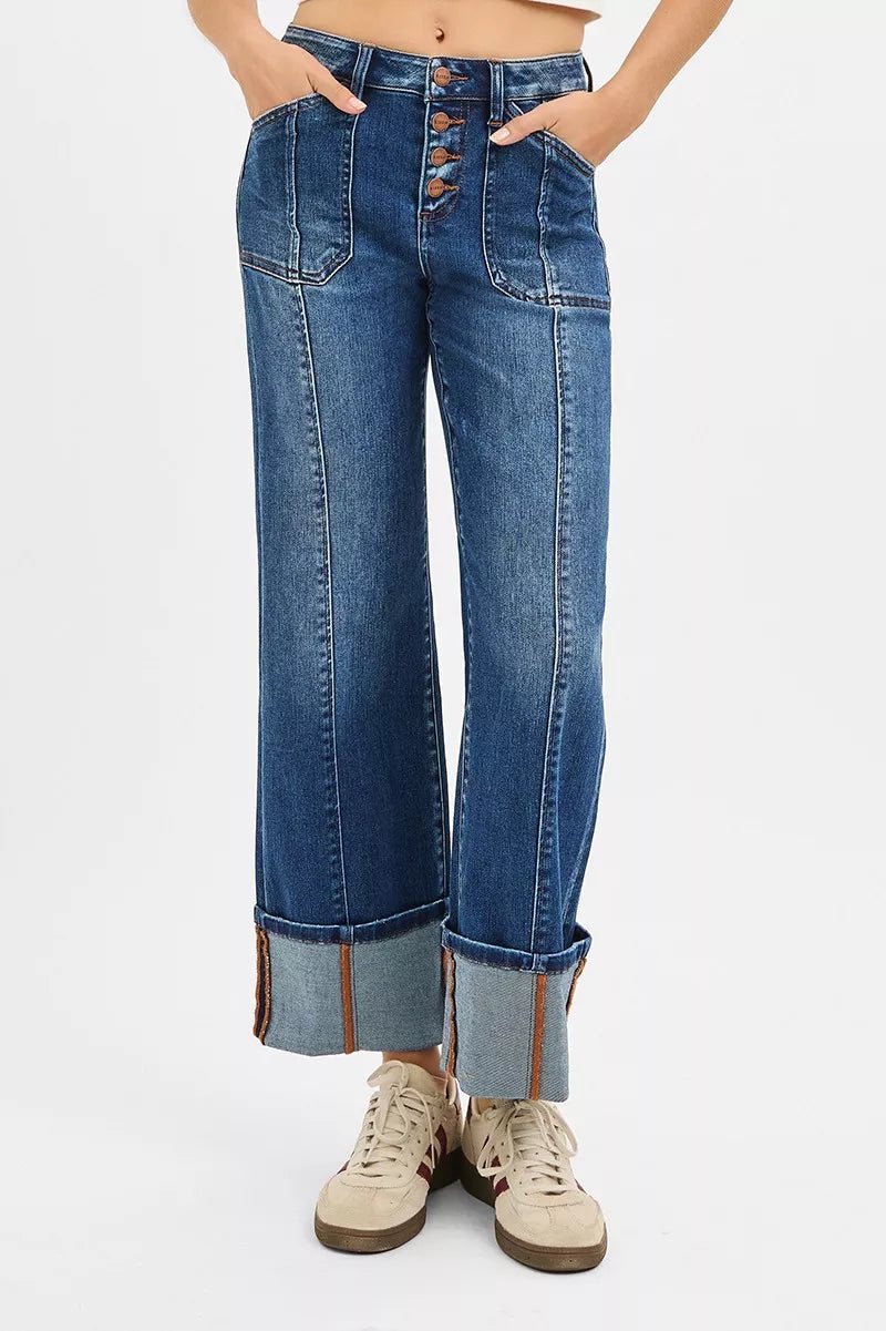 RISEN Full Size High Rise Crop Wide Straight Cuffed Jeans Plus Size - Blu Lotus Boutique