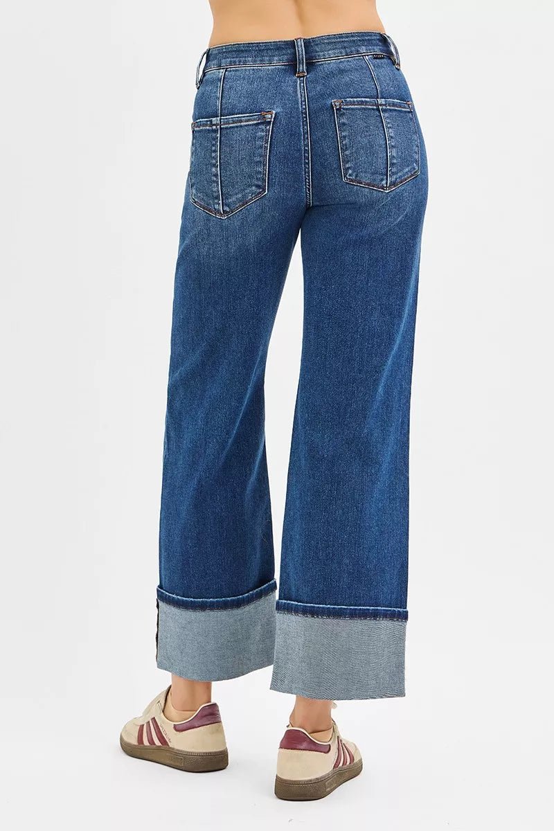 RISEN Full Size High Rise Crop Wide Straight Cuffed Jeans Plus Size - Blu Lotus Boutique