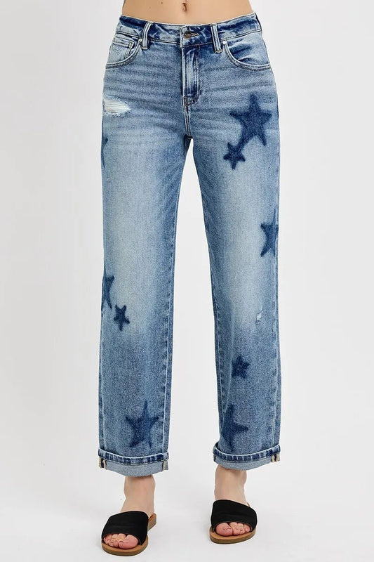 RISEN Full Size Mid Rise Boyfriend Star Shadow Detail Cuffed Jeans Plus Size - Blu Lotus Boutique