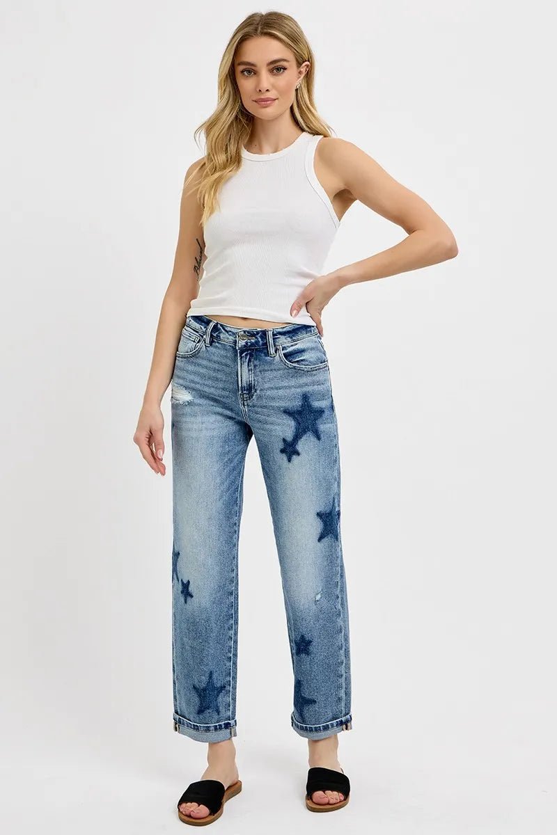 RISEN Full Size Mid Rise Boyfriend Star Shadow Detail Cuffed Jeans Plus Size - Blu Lotus Boutique